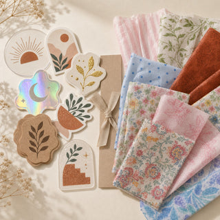 Pakvel sample pack — assorted sticker finishes and printed tissue paper swatches on cream