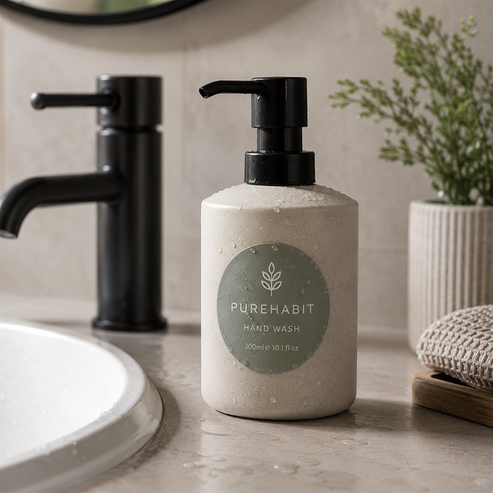 Waterproof custom label on a hand-wash pump bottle in a bathroom — Pakvel