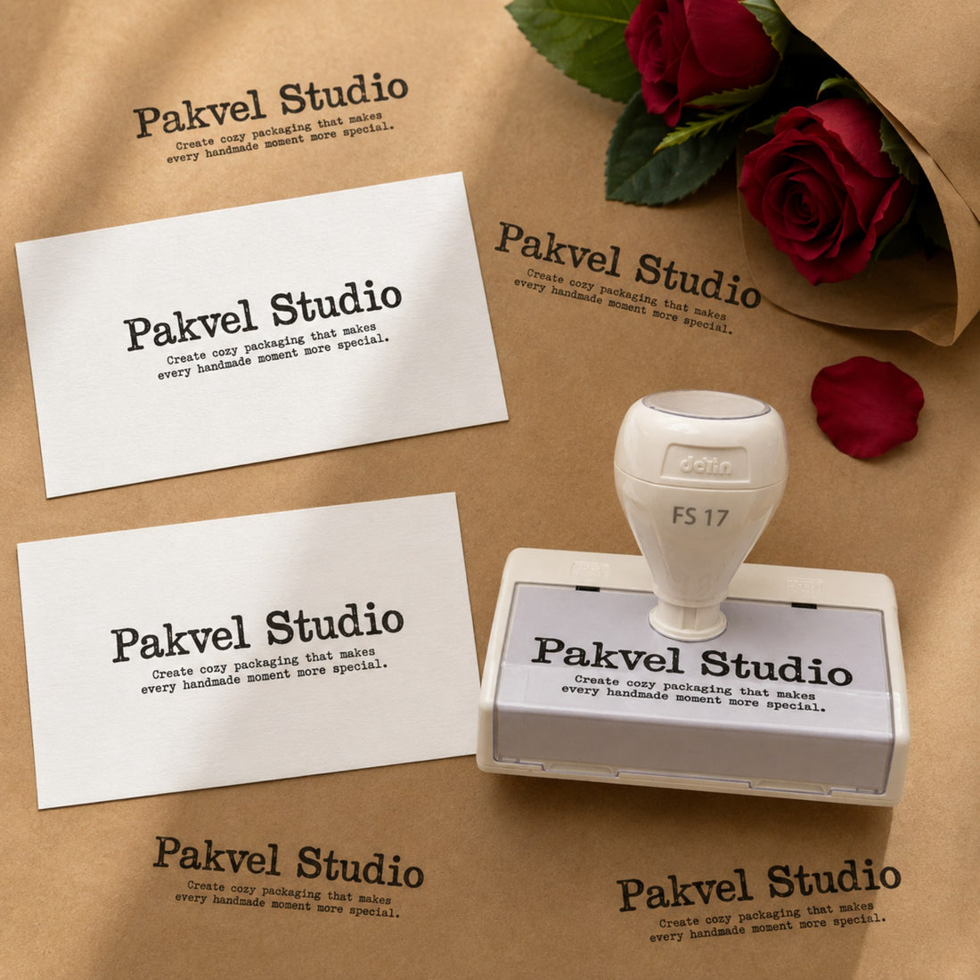 Custom pre-inked stamp with impressions on white cards and kraft paper, beside red roses