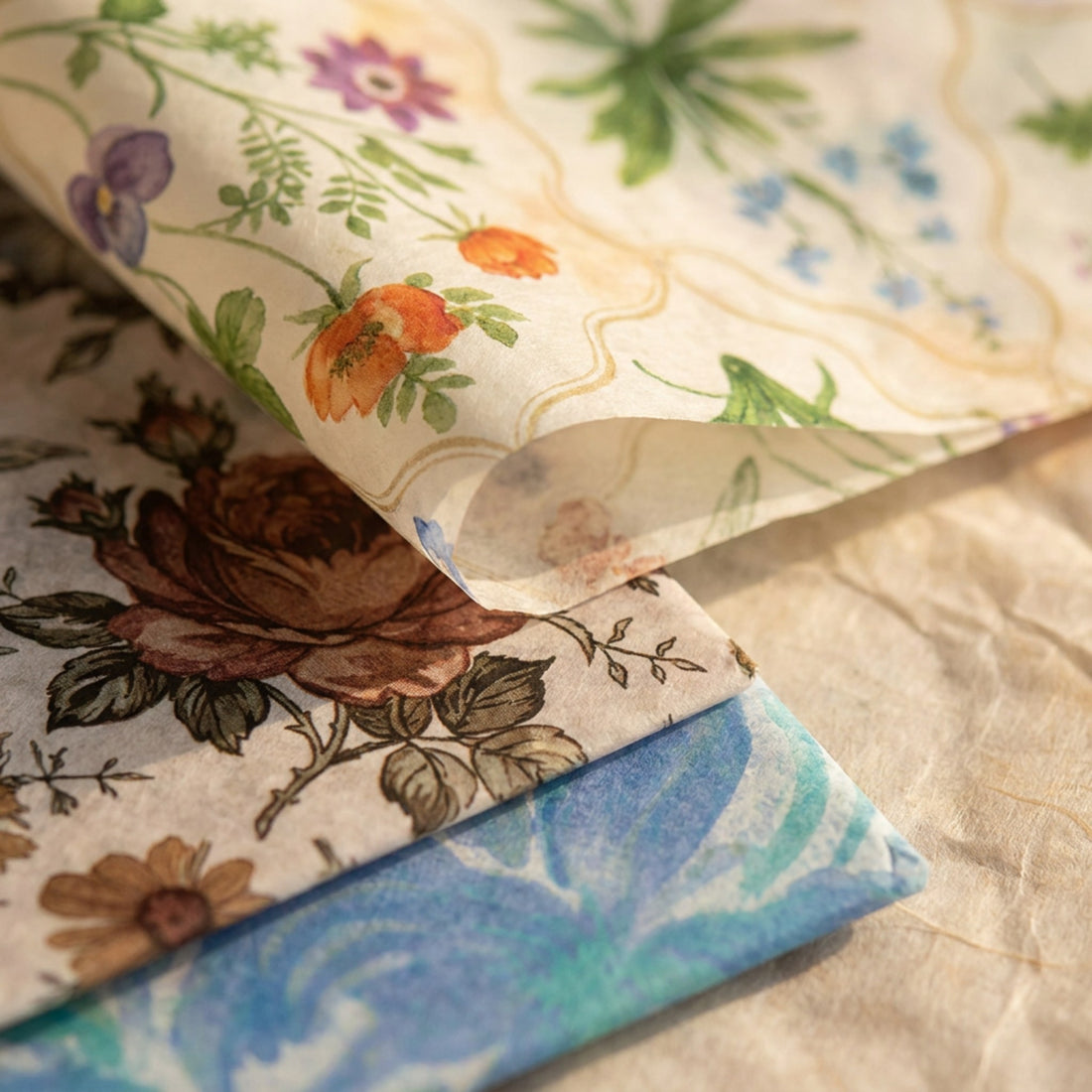 Close-up of watercolor floral and botanical printed tissue paper