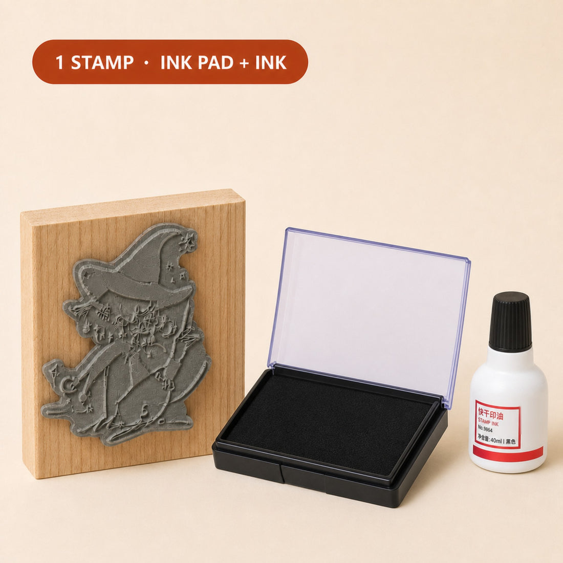 Custom wooden logo stamp with a matching ink pad and ink, included in the Custom Packaging Kit