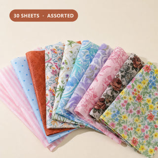 30 assorted printed tissue paper sheets - florals, botanicals, dots and stripes