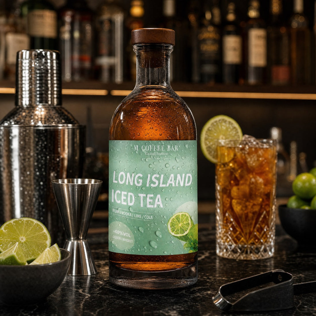 Vinyl-labelled bottle on a bar with a cocktail — Pakvel