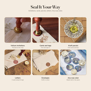 A custom wax seal on vellum invitations, cards, tags, kraft parcels, letters and envelopes