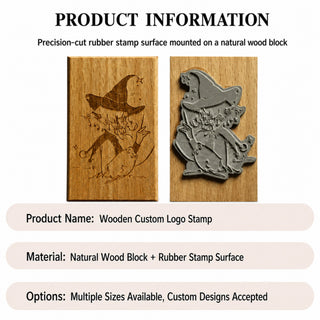 Custom rubber logo stamp — laser-cut rubber die contour-cut and mounted on a natural beech wood block