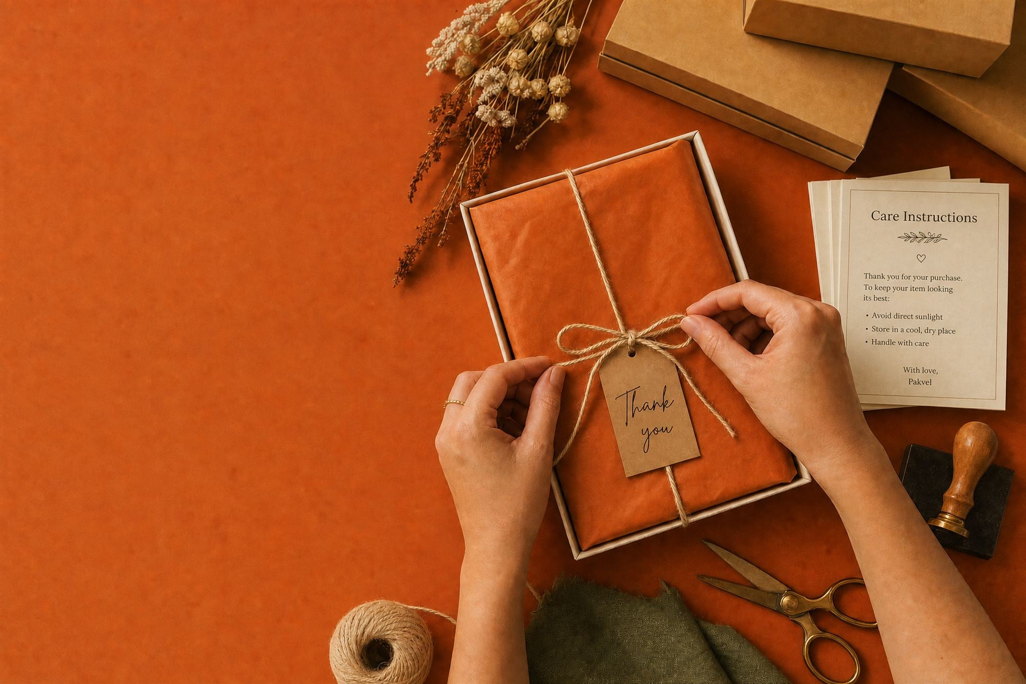 Hands tying twine around a terracotta tissue-wrapped gift box with a thank-you tag, on a vivid terracotta worktable with kraft boxes, care cards, dried flowers and a logo stamp — inside the Pakvel studio