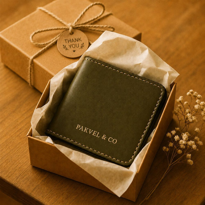 A leather wallet nestled in tissue inside a kraft gift box tied with twine and a thank-you tag