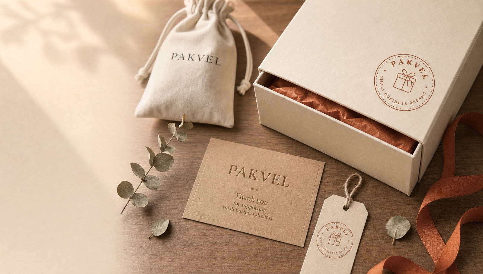 A Pakvel branded kraft gift box with terracotta tissue, a stamped seal, pouch and thank-you tag