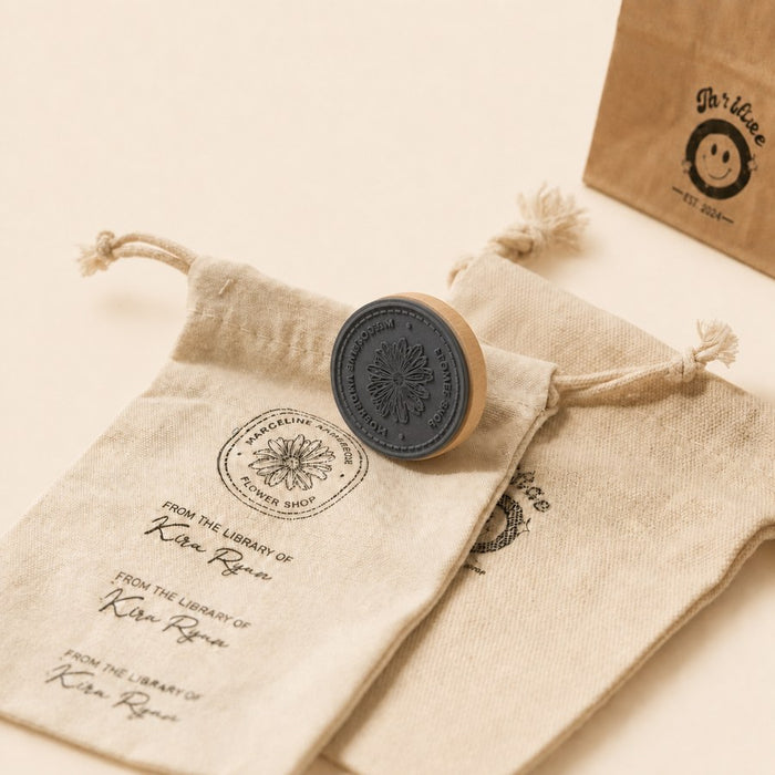 Custom wooden logo stamp with an ink pad